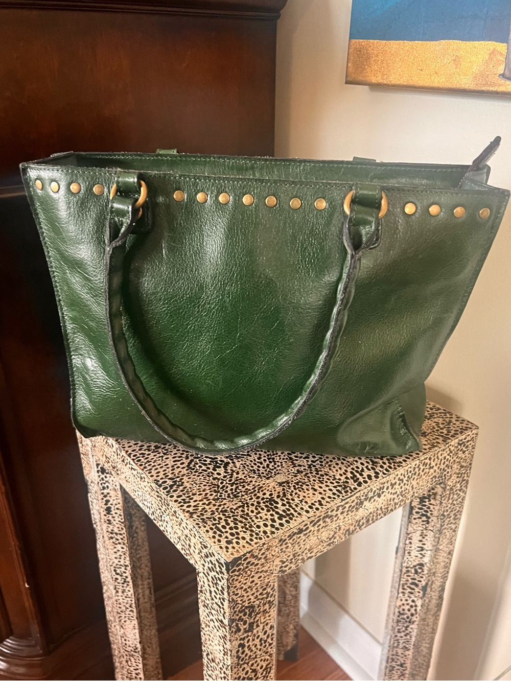 Green Leather Stud-Trim Tote Bag